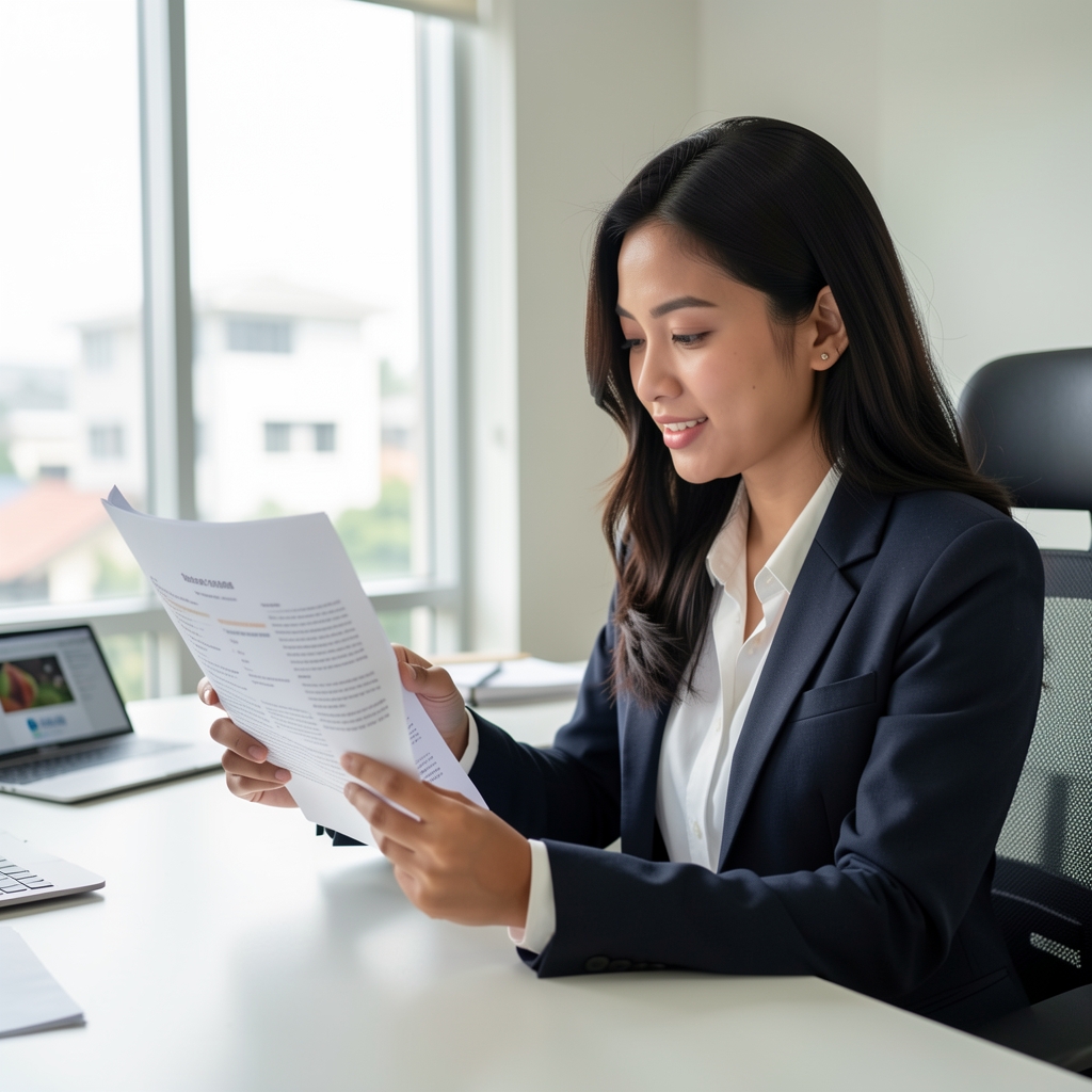 Indonesian woman in her early 30s reviewing a printed nutrition research paper at a bright editorial desk, professional attire, natural light from a Jakarta window