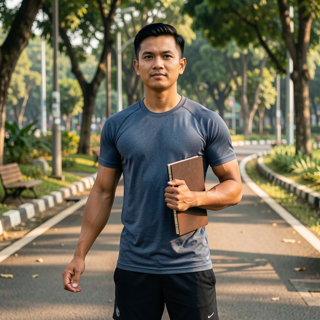 Indonesian man in athletic wear stretching outdoors near a Jakarta park trail, mid-morning light, notebook tucked under arm, active lifestyle and wellness professional
