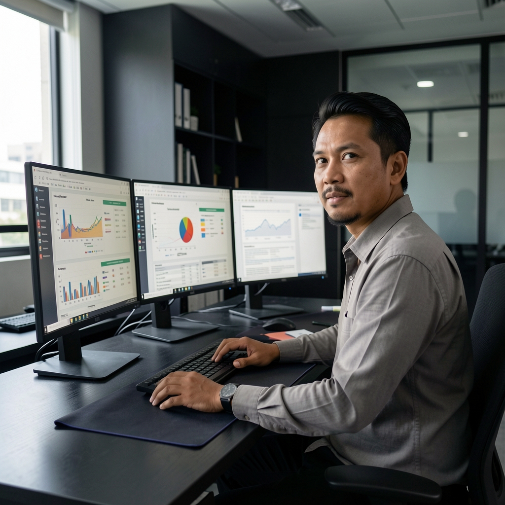 Indonesian man in his 40s at a standing desk with multiple monitors showing nutritional data charts and research documents, editorial office in Jakarta with clean dark interior