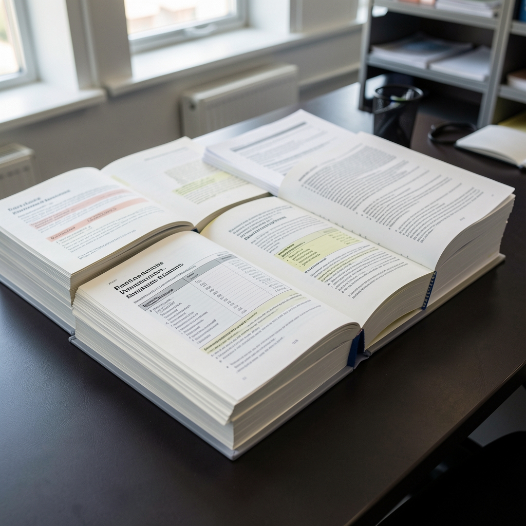 Stack of open nutritional research journals and printed peer-reviewed papers on a dark desk in an editorial office, well-organized and annotated