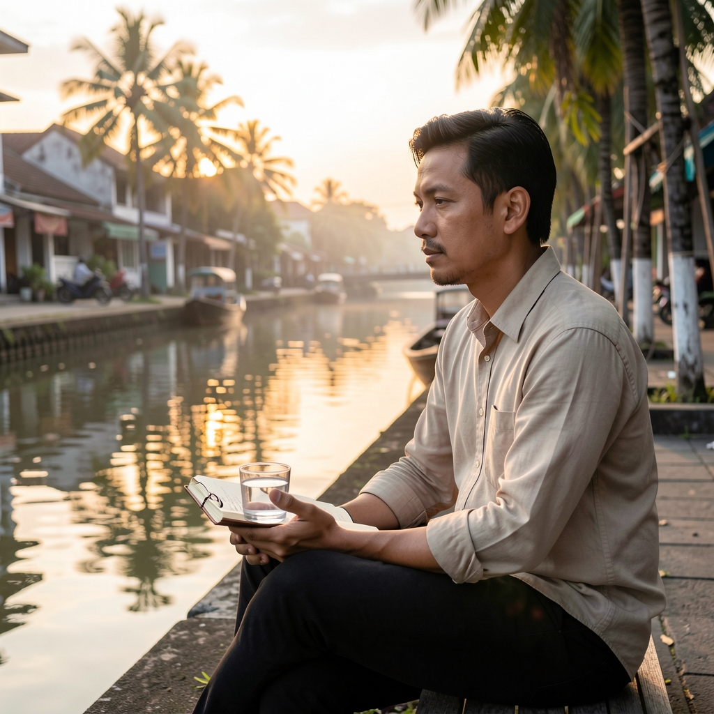 Man sitting quietly at dawn by a Jakarta canal with a journal and a glass of water, reflective early-morning stillness, natural soft light