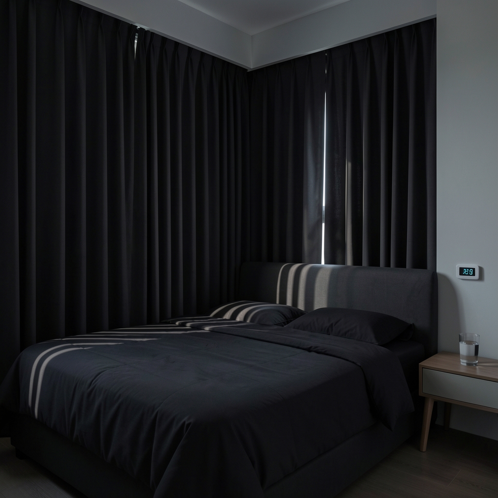 A minimalist dark bedroom in a Jakarta apartment prepared for optimal sleep with blackout curtains drawn, a cool temperature setting displayed on a thermostat, and a glass of water on the bedside table