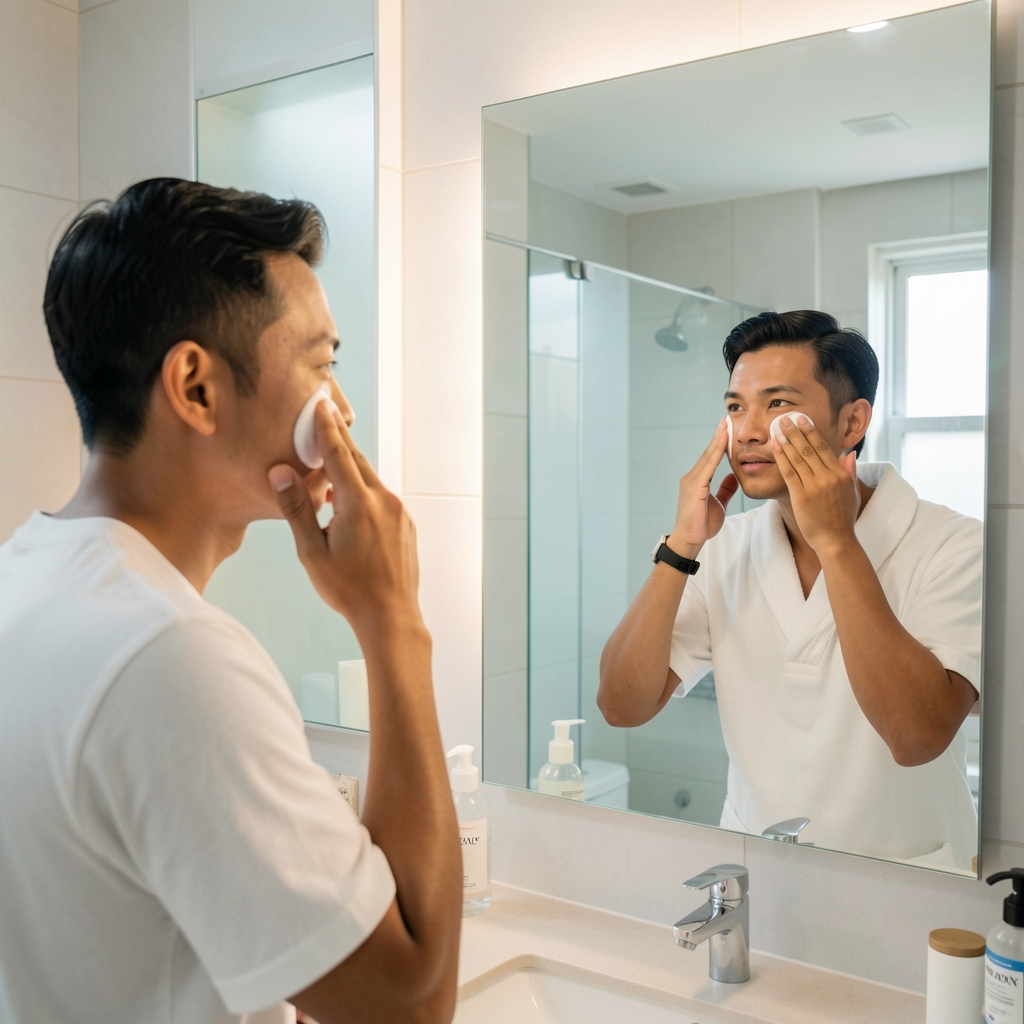 Indonesian man applying sunscreen to his face in front of a well-lit bathroom mirror, morning grooming routine, clean minimalist bathroom in a Jakarta apartment